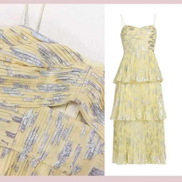 SELF PORTRAIT Metallic Jacquard Tiered Midi Dress Ruffle Yellow Stunning  Gown 8